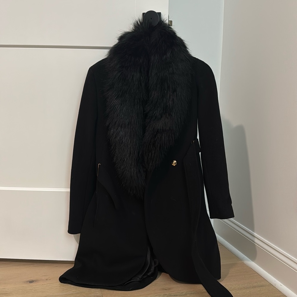Calvin Klein Black Pea Coat with Faux Fur Collar